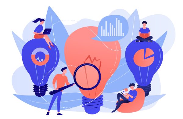 Big lightbulbs and business team working on solution. Business solution and support, problem solving and decision making concept on white background. Pink coral blue vector isolated illustration